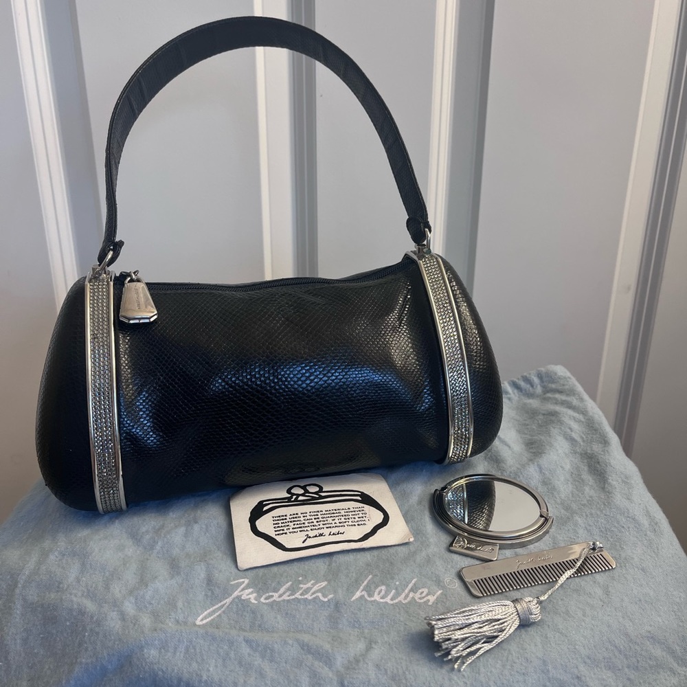 JUDITH LEIBER c.1990's Black Lizard Leather & Crystal Rhinestone Baguette Purse